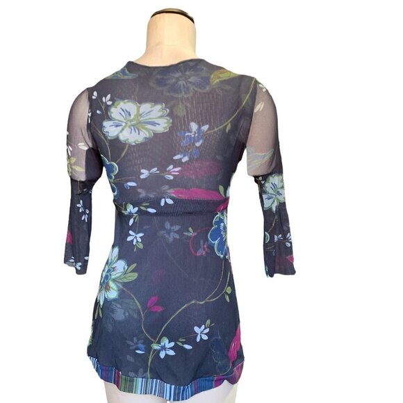 Sweet Pea Floral Stretch mesh Sz S BOHO Mesh Y2K Surplice Blouse #224D - Picture 6 of 8